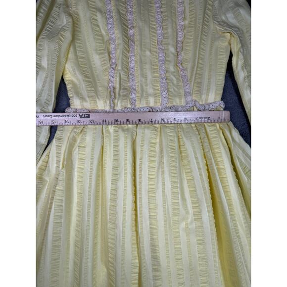 Vintage Prairie Maxi Dress Yellow Lace Trim Long Sleeve Romantic 80s Cottagecore - Picture 8 of 13